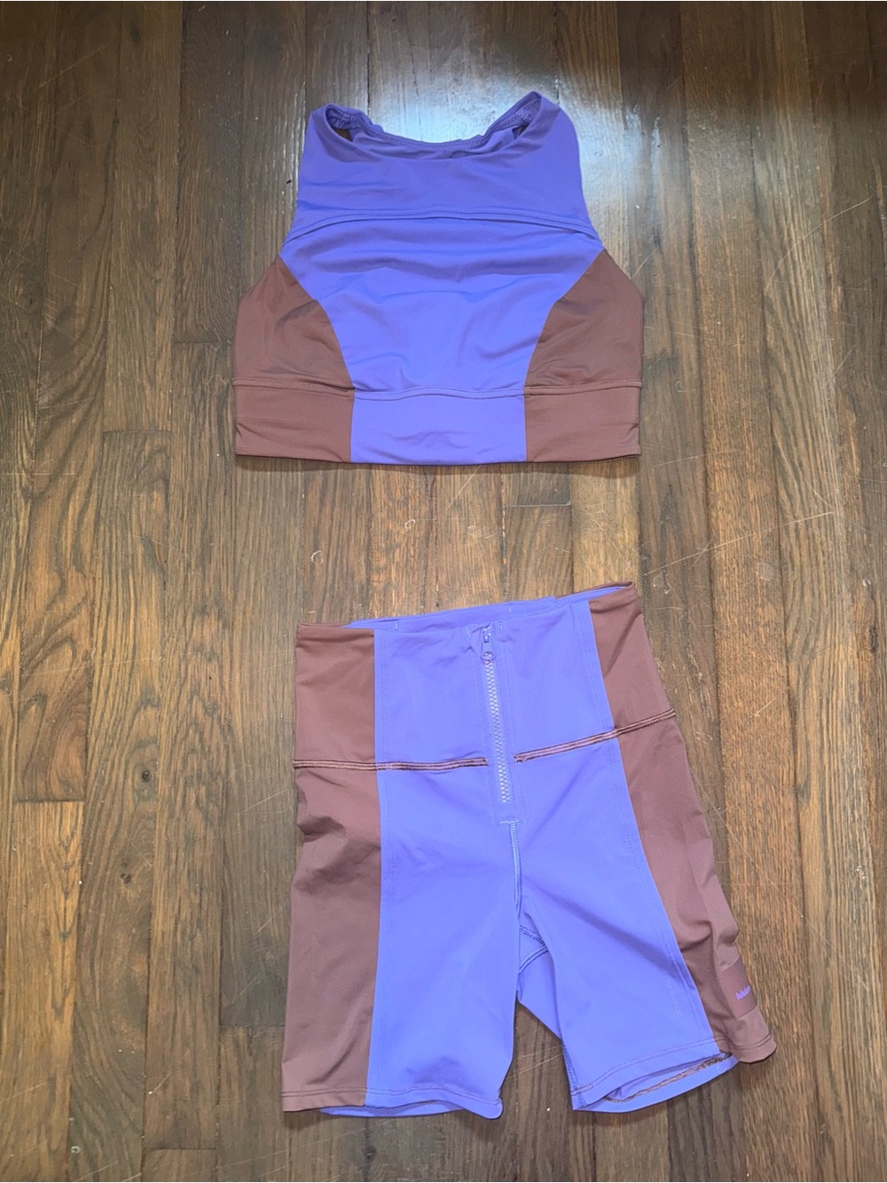 lululemon Hiking /Swim Set Purple and Brown Colorblock Crop Top & Bike Shorts